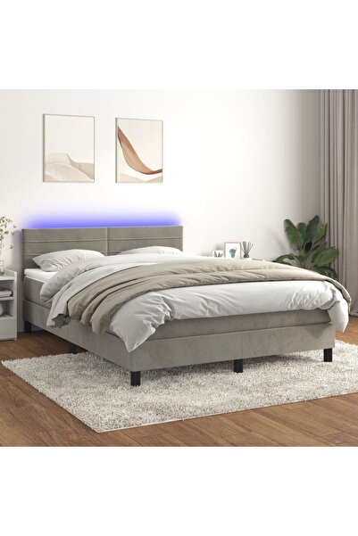 Concept Pat cu arcuri, saltea și LED, gri deschis, 140x200 cm, catifea