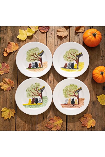 Mimoza Porselen Kediler el yapımı desenli pasta tabakları 4'lü takım