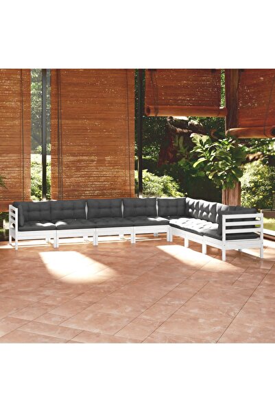 Concept Set mobilier grădină cu perne, 8 piese, alb, lemn masiv de pin