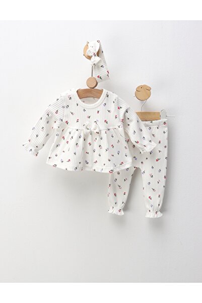 MiniKids Τριπλό κοστούμι, τυπωμένο με λουλούδια, λευκό