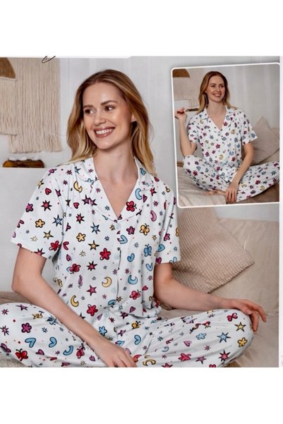 Dinç Spor Women's Short-Sleeved Buttoned Pajamas Set Colorful Patterned Comfortable Home Wear Set