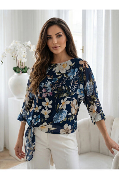 UniqueStore.ro Navy blue floral print chiffon blouse - One Size