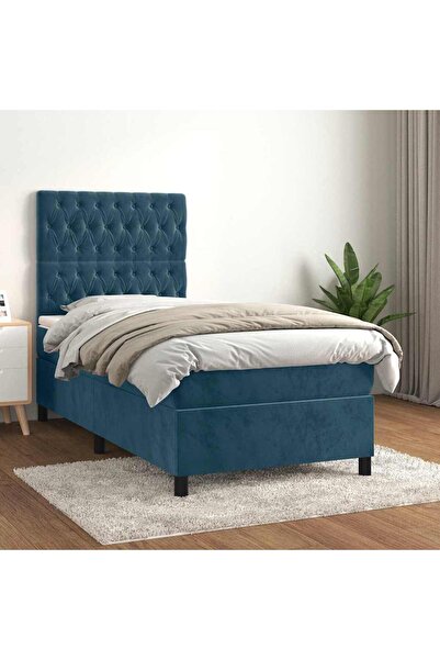 Concept Pat box spring cu saltea, albastru închis, 90x200 cm, catifea