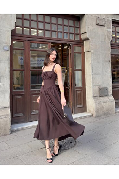 the bera fashion Kadın Kahverengi Askılı Kare Yaka Düğme Detaylı Bol Paça Şık...