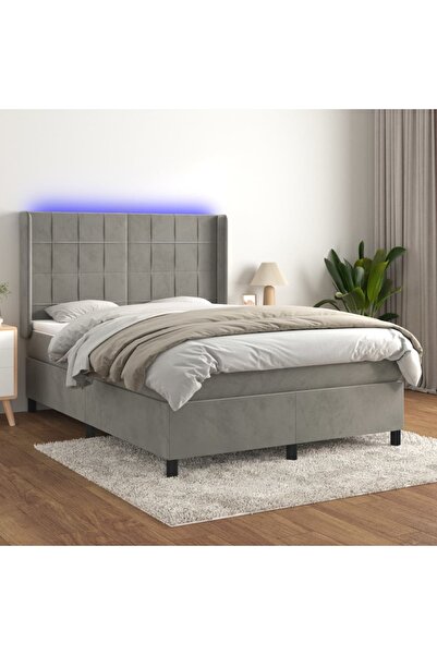 Concept Pat continental cu saltea și LED gri deschis 140x190 cm catifea