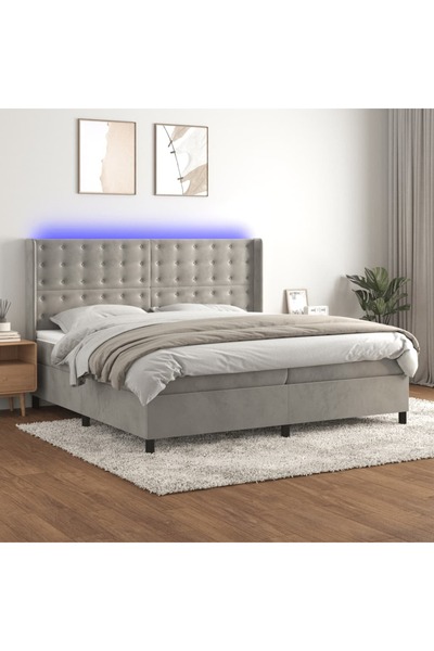 Concept Pat cu arcuri, saltea și LED, gri deschis, 200x200 cm, catifea