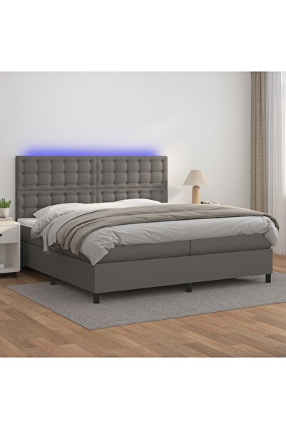 Concept Pat cu arcuri, saltea și LED, gri, 200x200 cm, piele ecologică