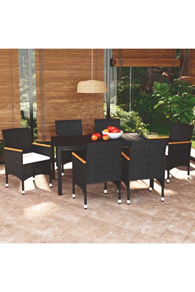 Concept Σετ τραπεζιού κήπου με μαξιλάρια, 7 τεμάχια, μαύρο, πολυεστέρας ρατάν