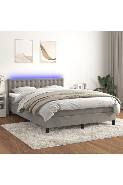 Concept Pat cu arcuri, saltea și LED, gri deschis, 140x200 cm, catifea