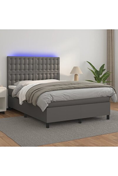 Concept Κρεβάτι με ελατήρια και στρώμα & LED, γκρι, 140x190 cm, Δερμάτινο