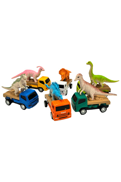 OEM Set 6 camione de transport Dinozauri, din metal, ABS si plastic, Multicol...