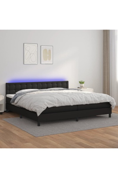 Concept Pat cu arcuri, saltea și LED, negru, 200x200cm, piele ecologică