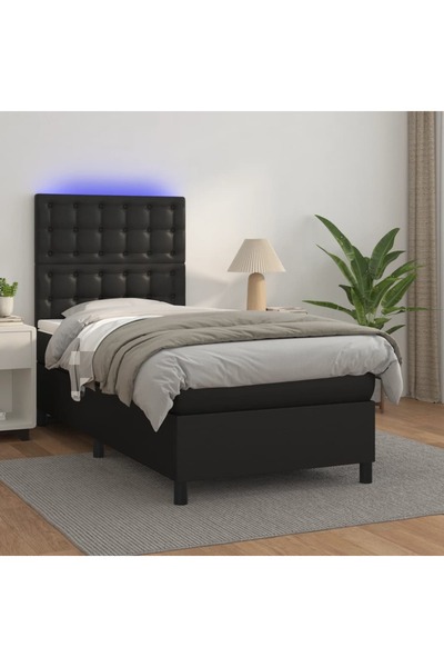 Concept Pat cu arcuri, saltea și LED, negru, 90x190 cm, piele ecologică