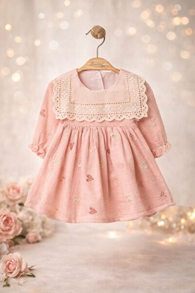 Hilora Baby Kids Kız Bebek Müslin Elbise Kalpli Nakışlı Pudra Yazlık Şık Elbise