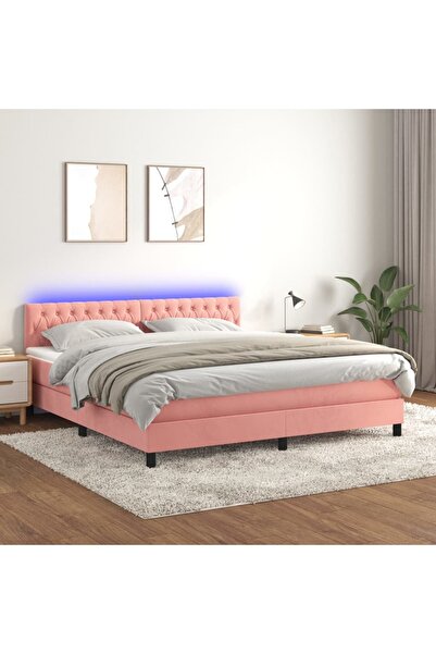 Concept Pat continental cu saltea & LED, roz, 180x200 cm, catifea