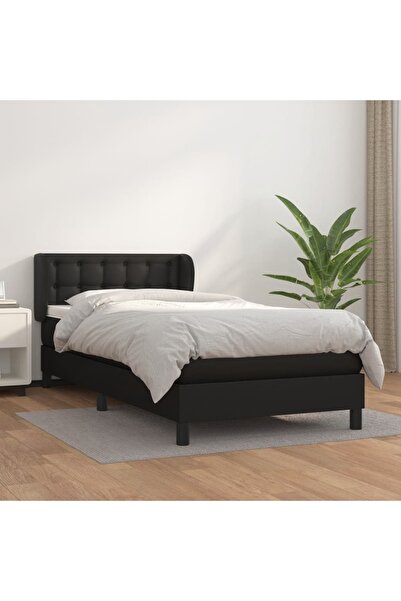 Concept Pat continental cu saltea, negru, 80x200 cm, piele ecologică