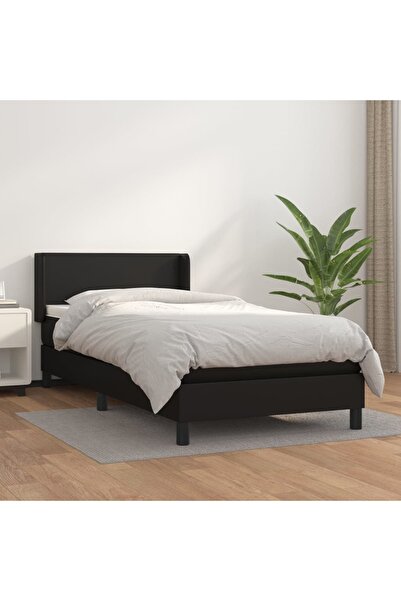 Concept Pat continental cu saltea, negru, 80x200 cm, piele ecologică