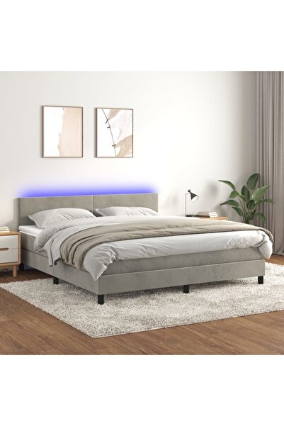 Concept Pat cu arcuri, saltea și LED, gri deschis, 180x200 cm, catifea