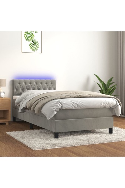 Concept Pat cu arcuri, saltea și LED, gri deschis, 90x190 cm, catifea