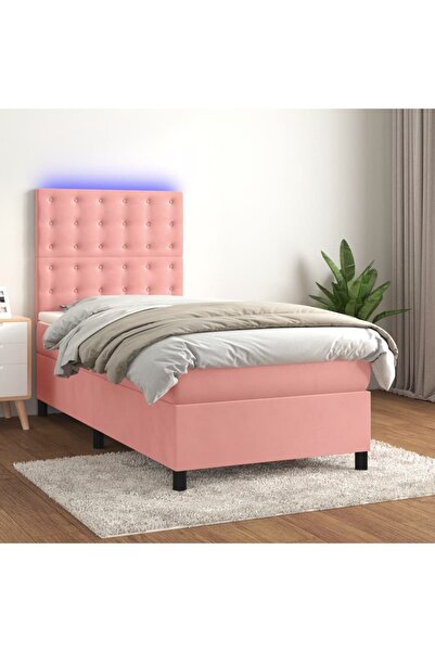 Concept Pat cu arcuri, saltea și LED, roz, 100x200 cm, catifea