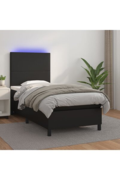 Concept Pat cu arcuri, saltea și LED, negru, 90x200 cm, piele ecologică
