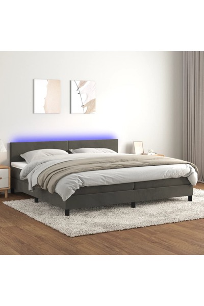 Concept Pat cu arcuri, saltea și LED, gri închis, 200x200 cm, catifea