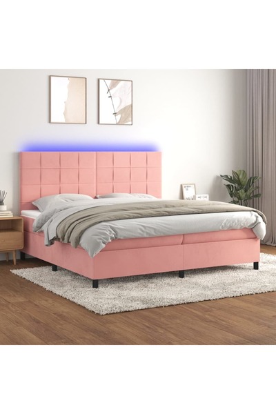 Concept Pat continental cu saltea & LED, roz, 200x200 cm, catifea