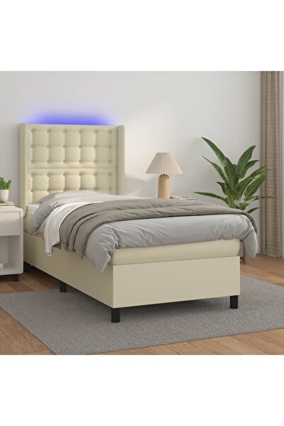 Concept Pat cu arcuri, saltea și LED, crem, 100x200 cm, piele ecologică