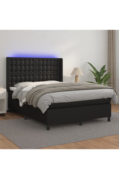 Concept Pat cu arcuri, saltea și LED, negru, 140x200 cm, piele