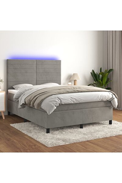 Concept Pat continental cu saltea și LED gri deschis 140x190 cm catifea