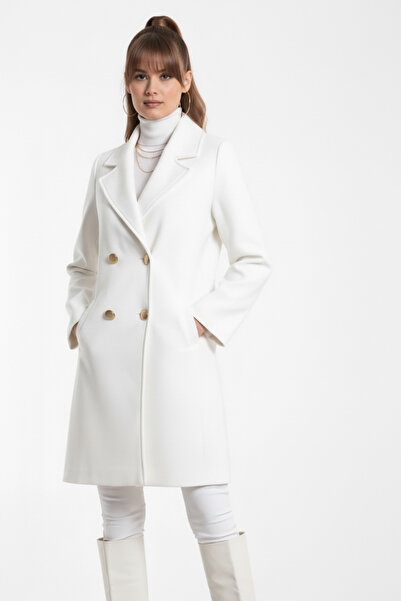 Pitti Γυναικείο ΛΕΥΚΟ Παλτό Εκρού με Midi μήκος Χρυσά Κουμπιά Με φόδρα Κασέ 7...