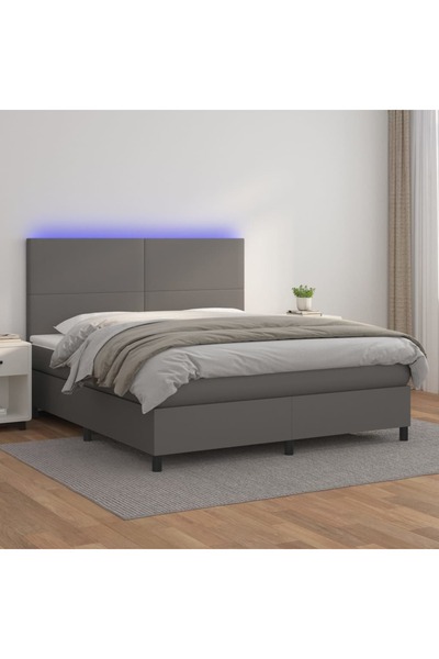Concept Pat cu arcuri, saltea și LED, gri, 160x200 cm, piele ecologică