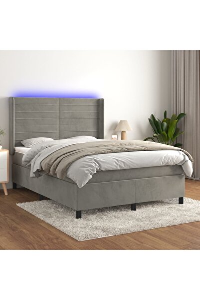 Concept Pat cu arcuri, saltea și LED, gri deschis, 140x200 cm, catifea