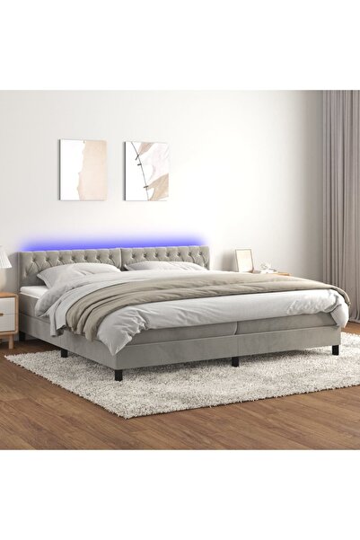 Concept Pat cu arcuri, saltea și LED, gri deschis, 200x200 cm, catifea