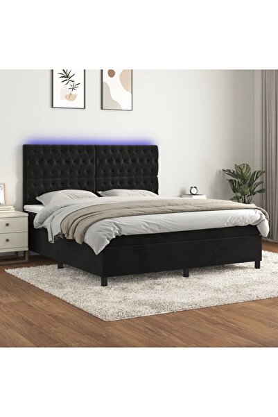 Concept Pat cu arcuri, saltea și LED, negru, 160x200 cm, catifea