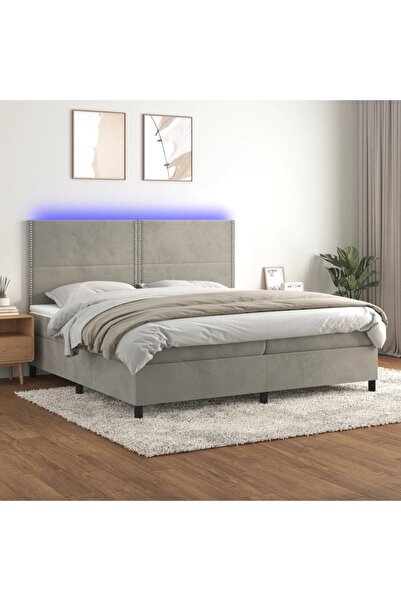 Concept Pat cu arcuri, saltea și LED, gri deschis, 200x200 cm, catifea