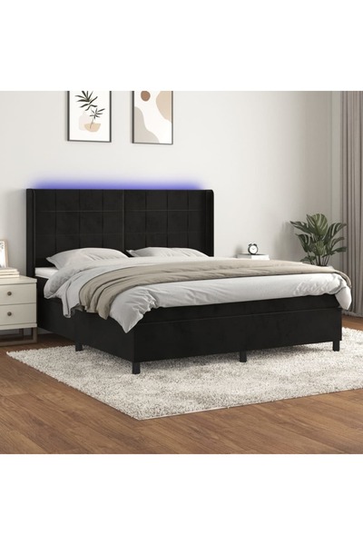 Concept Pat cu arcuri, saltea și LED, negru, 180x200 cm, catifea