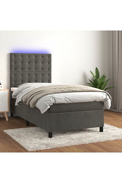 Concept Pat cu arcuri, saltea și LED, gri închis, 100x200 cm, catifea