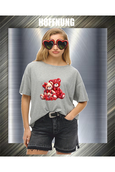 HOFFNUNG Unisex Short Sleeve Round Neck 2Bears Rose Printed Solid Color Tshirt