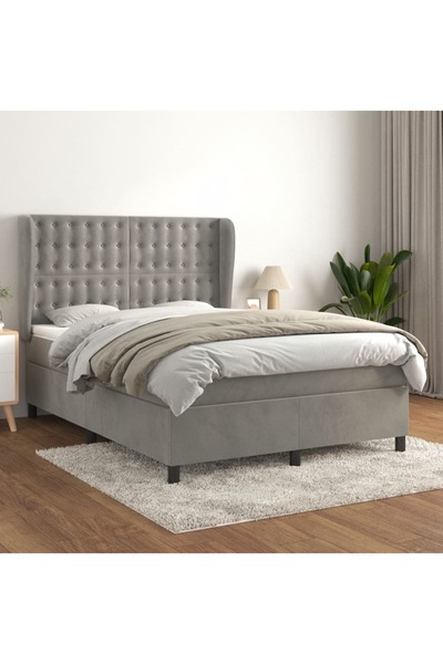 Concept Pat box spring cu saltea, gri deschis, 140x190 cm, catifea