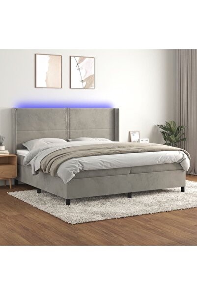 Concept Pat cu arcuri, saltea și LED, gri deschis, 200x200 cm, catifea