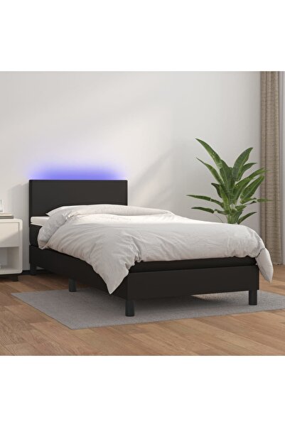Concept Pat cu arcuri, saltea și LED, negru, 90x190 cm, piele ecologică