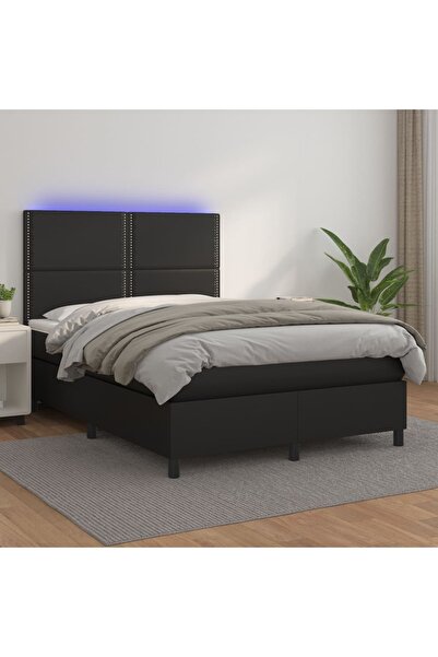 Concept Κρεβάτι με ελατήρια, στρώμα και LED, μαύρο, 140x200 cm, Δερμάτινο