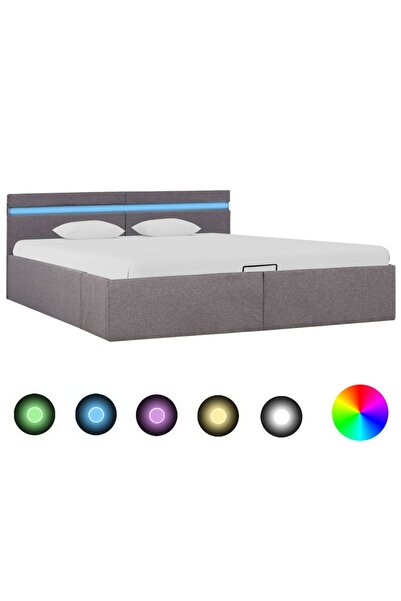 Concept Cadru pat hidraulic cu ladă și LED gri taupe 160x200 cm textil