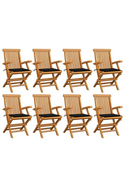 Concept Καρέκλες κήπου με μαύρα μαξιλάρια, 8 τεμάχια, από μασίφ ξύλο τικ