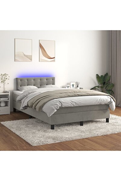 Concept Pat cu arcuri, saltea și LED, gri deschis, 120x200 cm, catifea