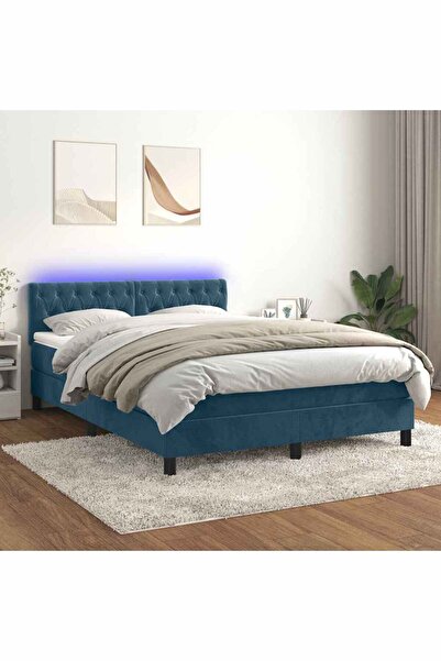 Concept Pat cu arcuri, saltea și LED, bleumarin, 140x190 cm, catifea