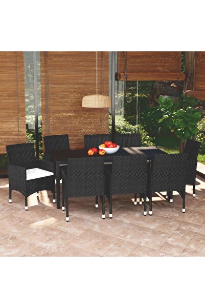 Concept Σετ τραπεζιού κήπου με μαξιλάρια, 9 τεμάχια, μαύρο, πολυεστέρας ρατάν