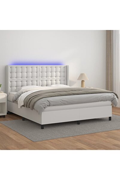 Concept Pat cu arcuri, saltea și LED, alb, 160x200 cm, piele ecologică