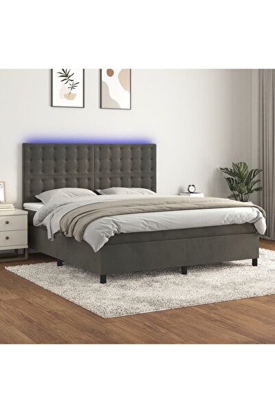 Concept Pat cu arcuri, saltea și LED, gri închis, 160x200 cm, catifea